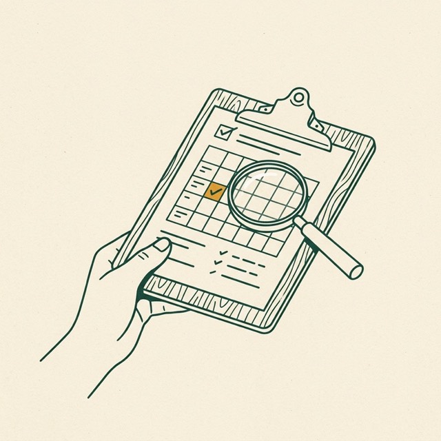 Line illustration of a hand holding a clipboard audit under a magnifying glass