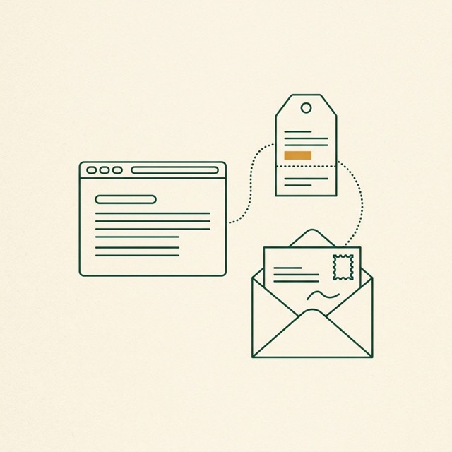 Line illustration of a browser window, a product tag, and an open envelope