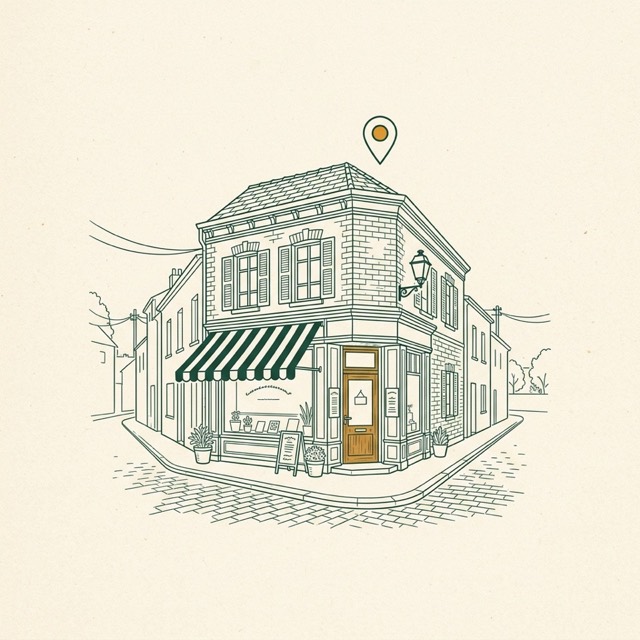 Line illustration of a corner storefront with a map pin above it