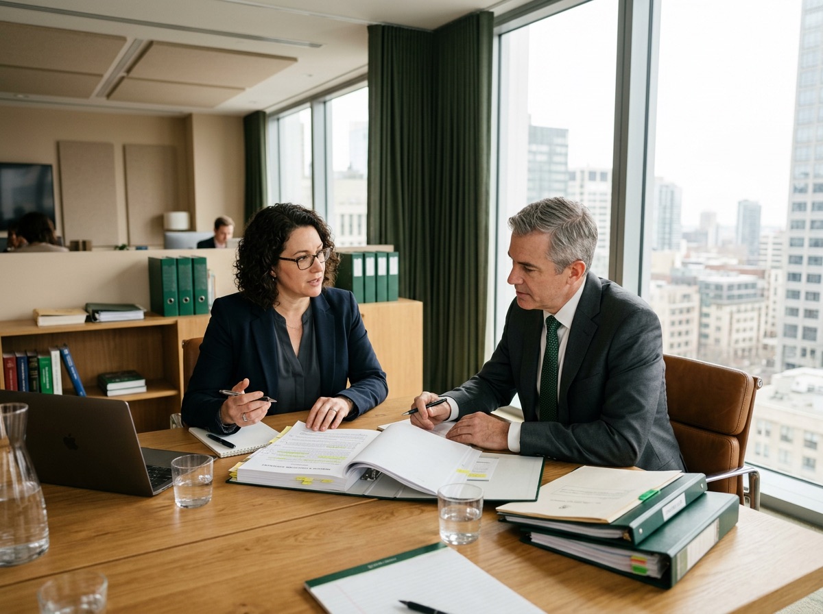 Two lawyers discussing documents in a conference room in natural window light