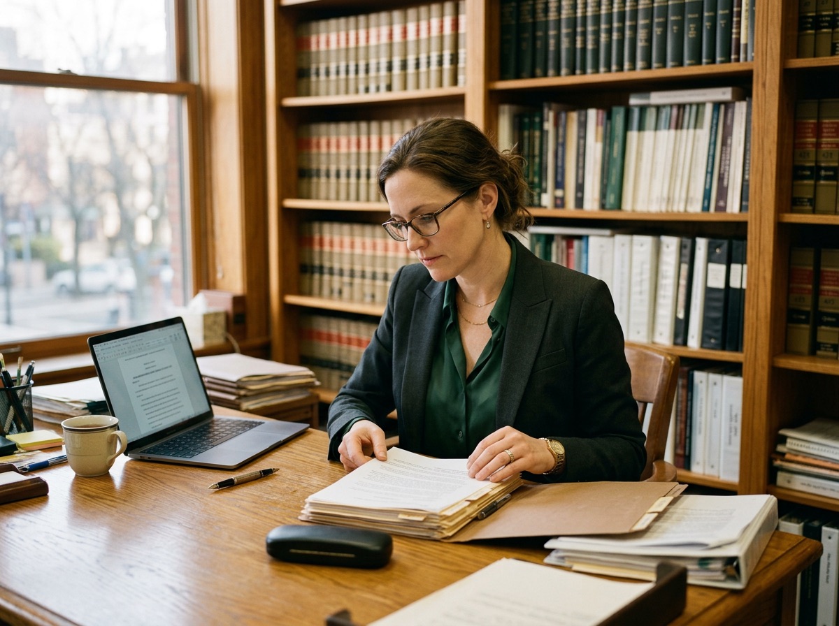 Attorney reviewing a case file at a desk with a laptop in a warm, book-lined office