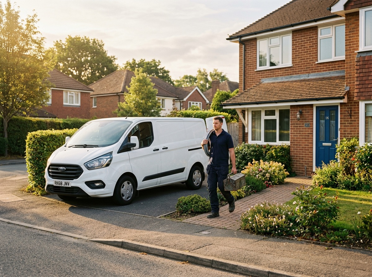 Plumbing van parked outside a suburban home in morning light