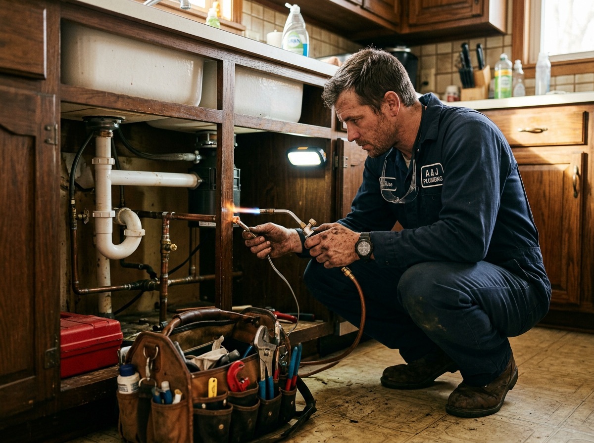 Plumber in work gear repairing pipes under a kitchen sink with a wrench