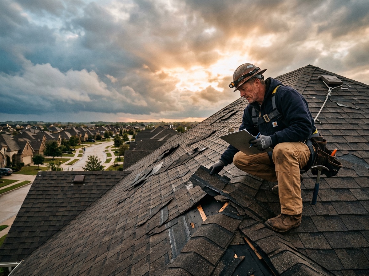 Roofer inspecting hail damage on a shingle roof with clipboard in hand