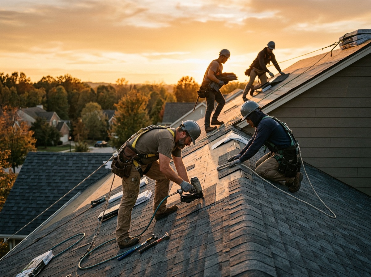 Roofing crew installing shingles on a residential roof at golden hour